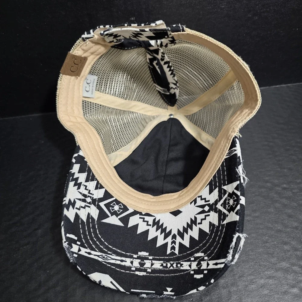 C.C Aztec Finish‎ Mesh Back Ponytail Baseball Cap Black & White Distressed Look